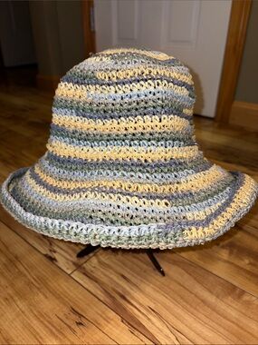 REI Straw Sunhat Blues Yellows Creams Roll Edge Brim one size fits all